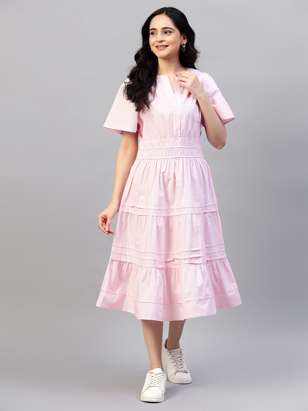

Hencemade Solid Flared Sleeve Tiered Pure Cotton Fit & Flare Dress, Pink