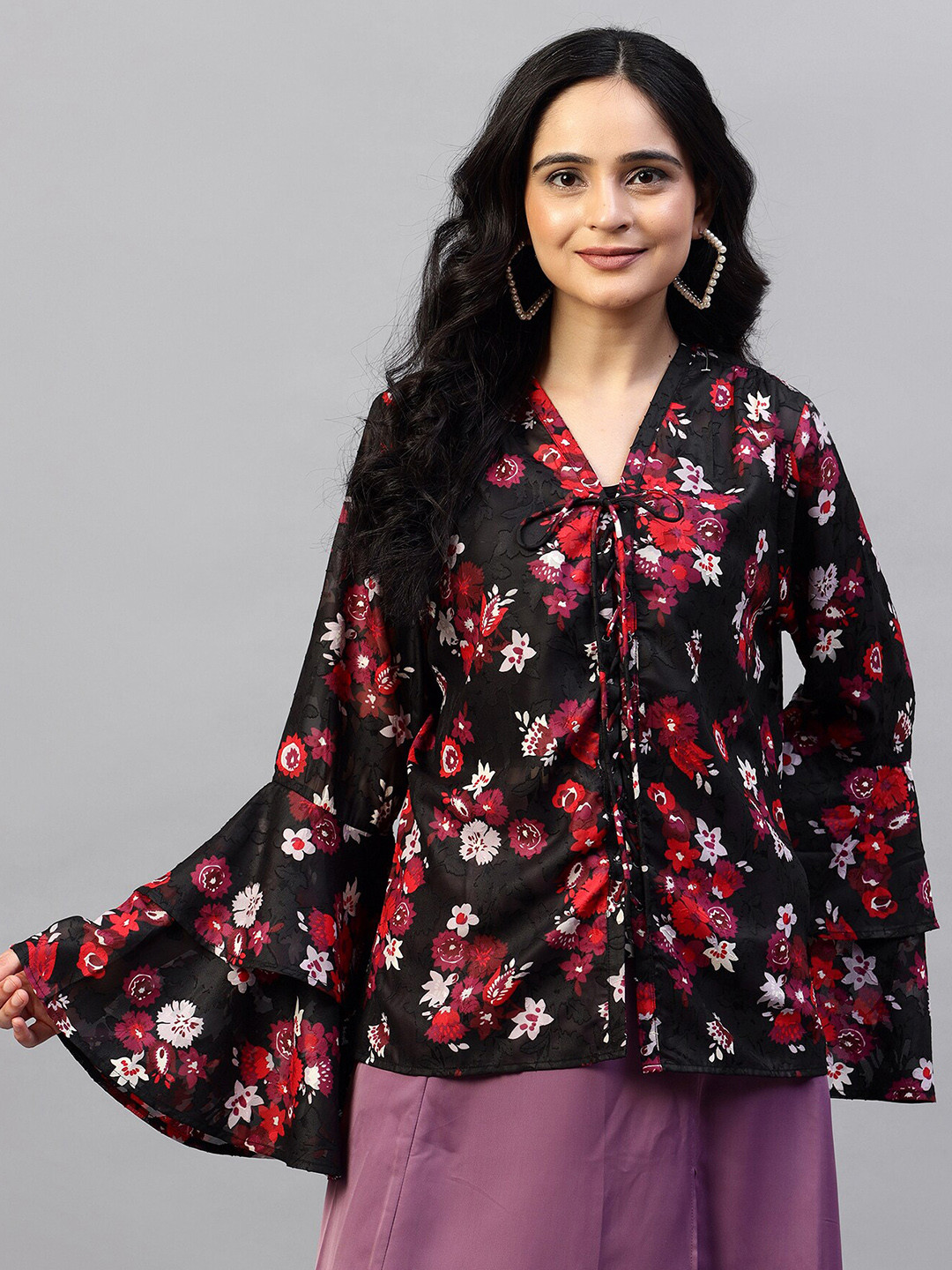 

Hencemade Tie Up Neck Floral Printed Bell Sleeves Georgette Top, Black