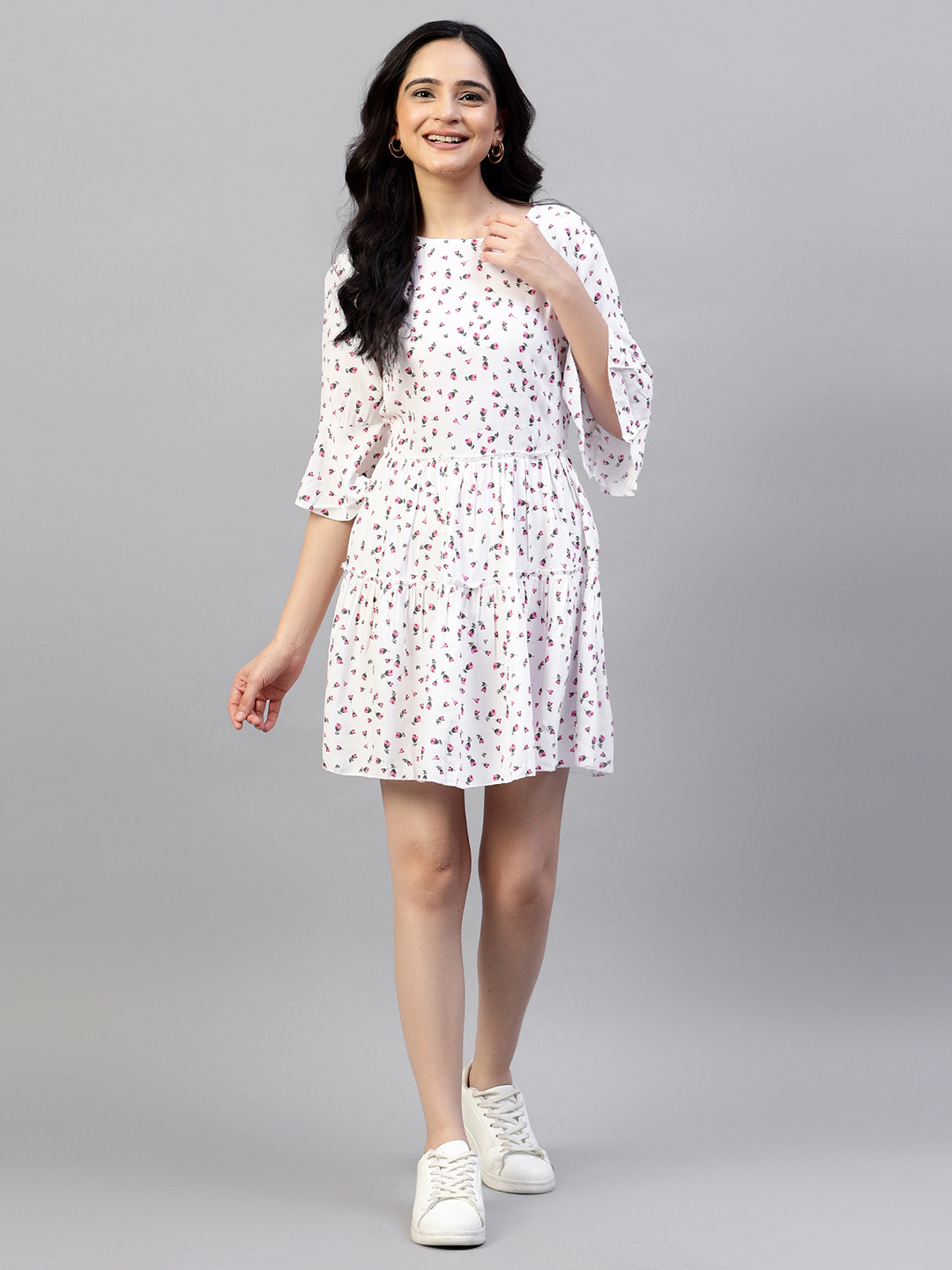 

Hencemade Floral Print Bell Sleeve Fit & Flare Dress, White