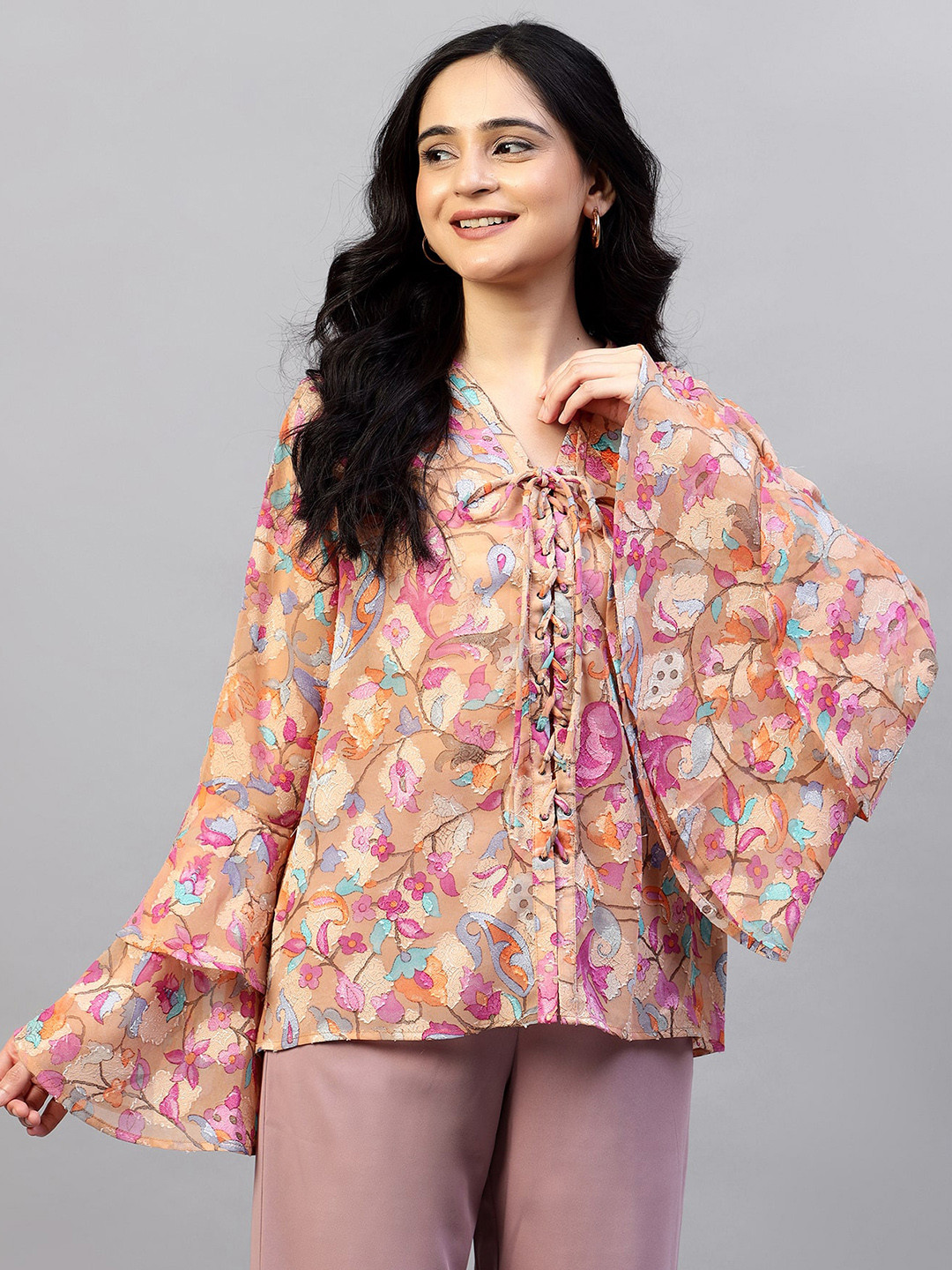 

Hencemade Tie Up Neck Floral Printed Bell Sleeves Georgette Top, Orange