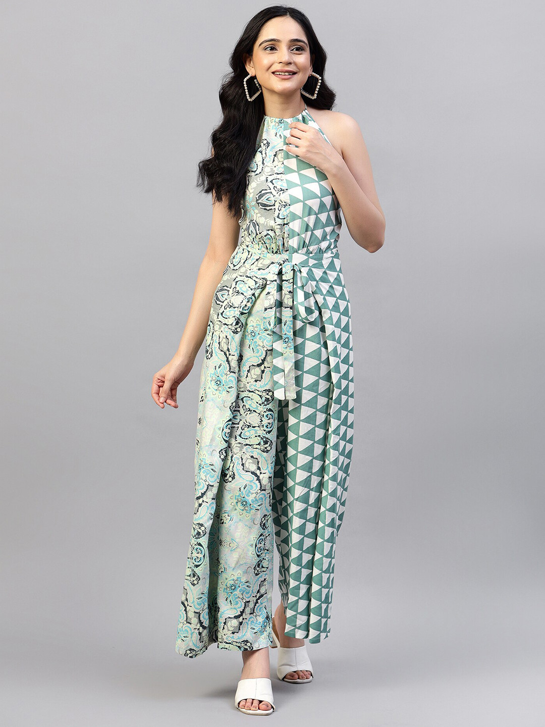 

Hencemade Halter Neck Geometric Printed Culotte Jumpsuit, Green