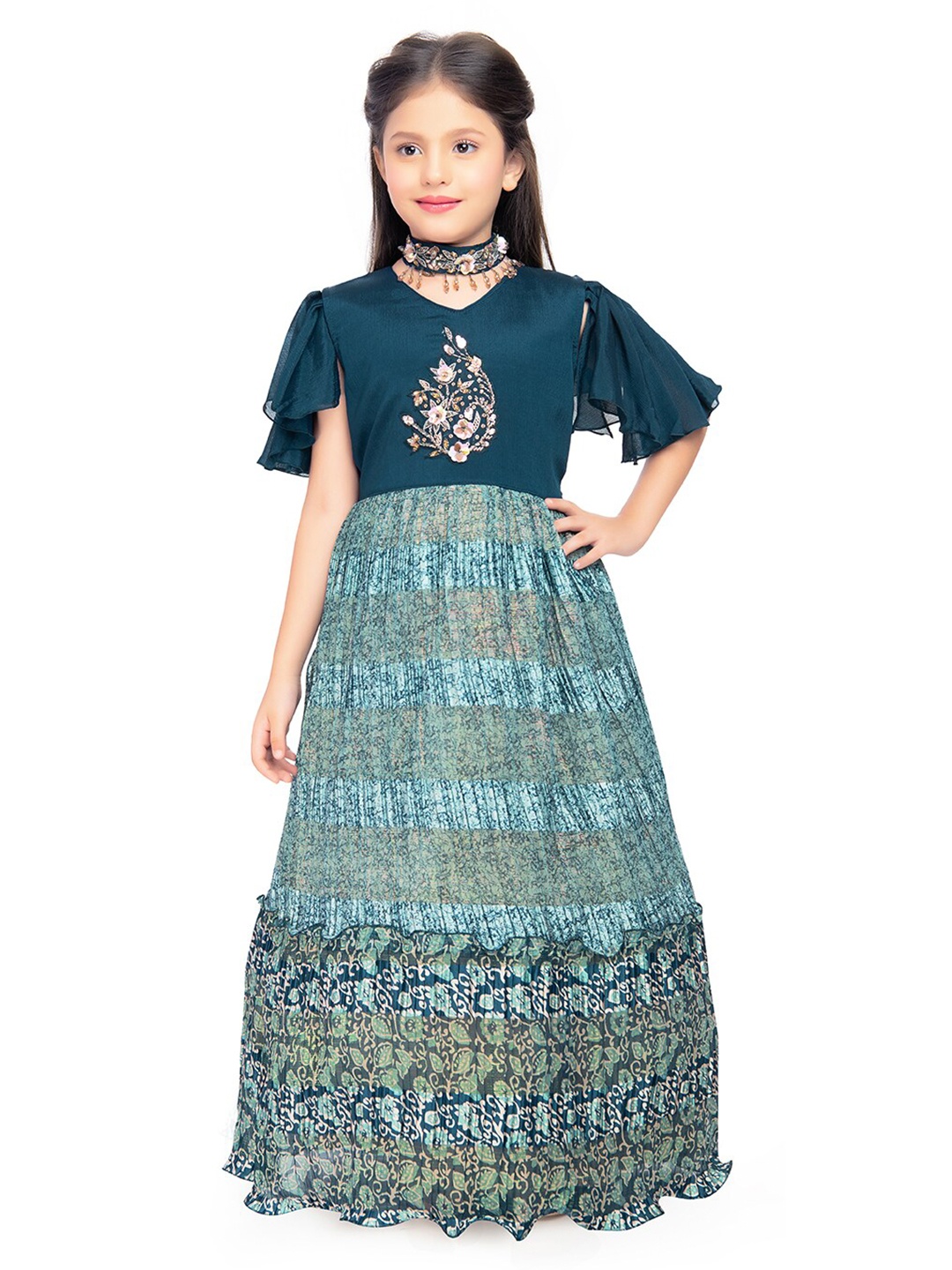 

BETTY Girls Ethnic Motifs Printed Ethnic Dress with Necklace, Blue