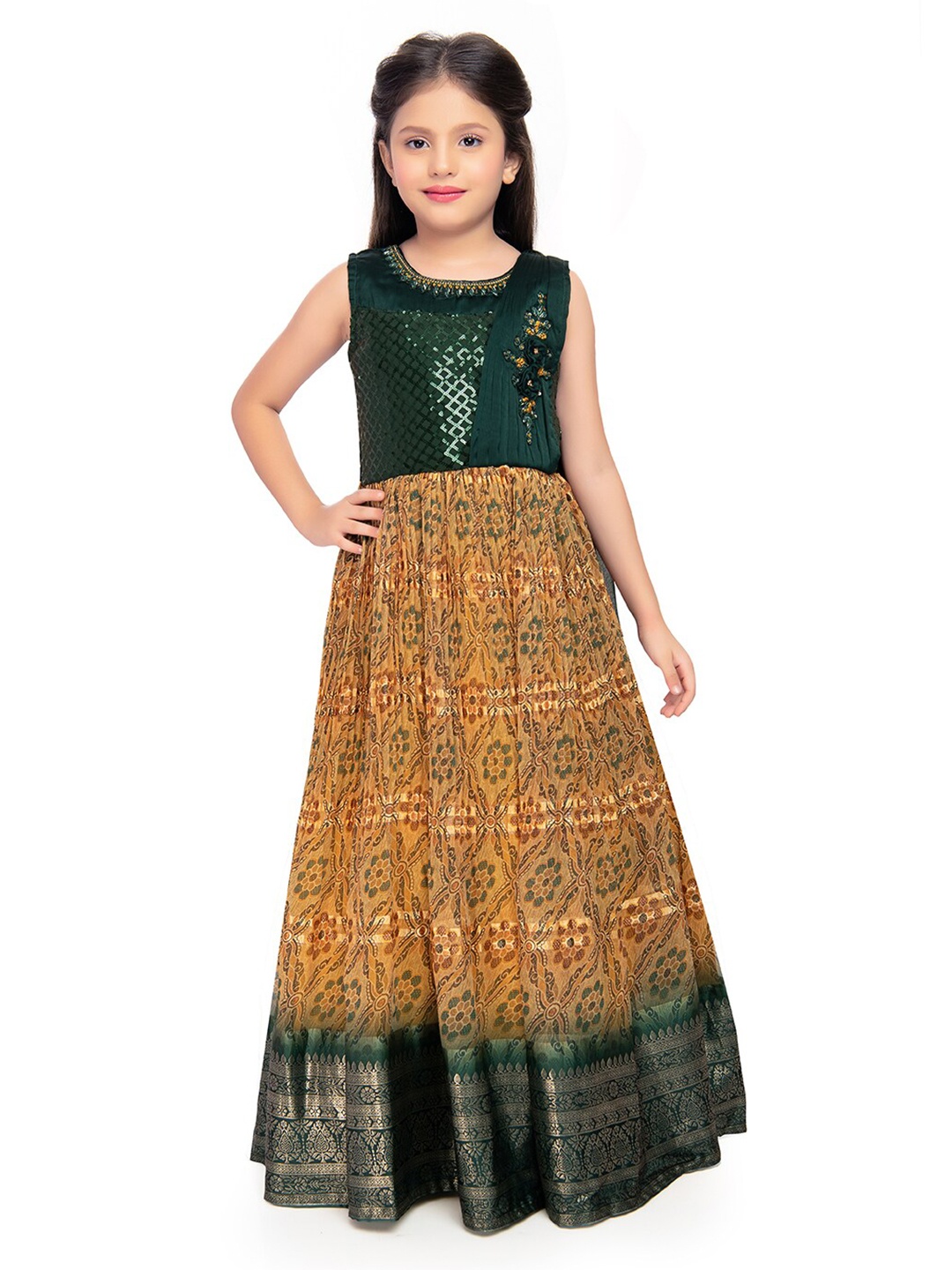 

BETTY Girls Ethnic Motifs Printed Embroidered Gown, Green