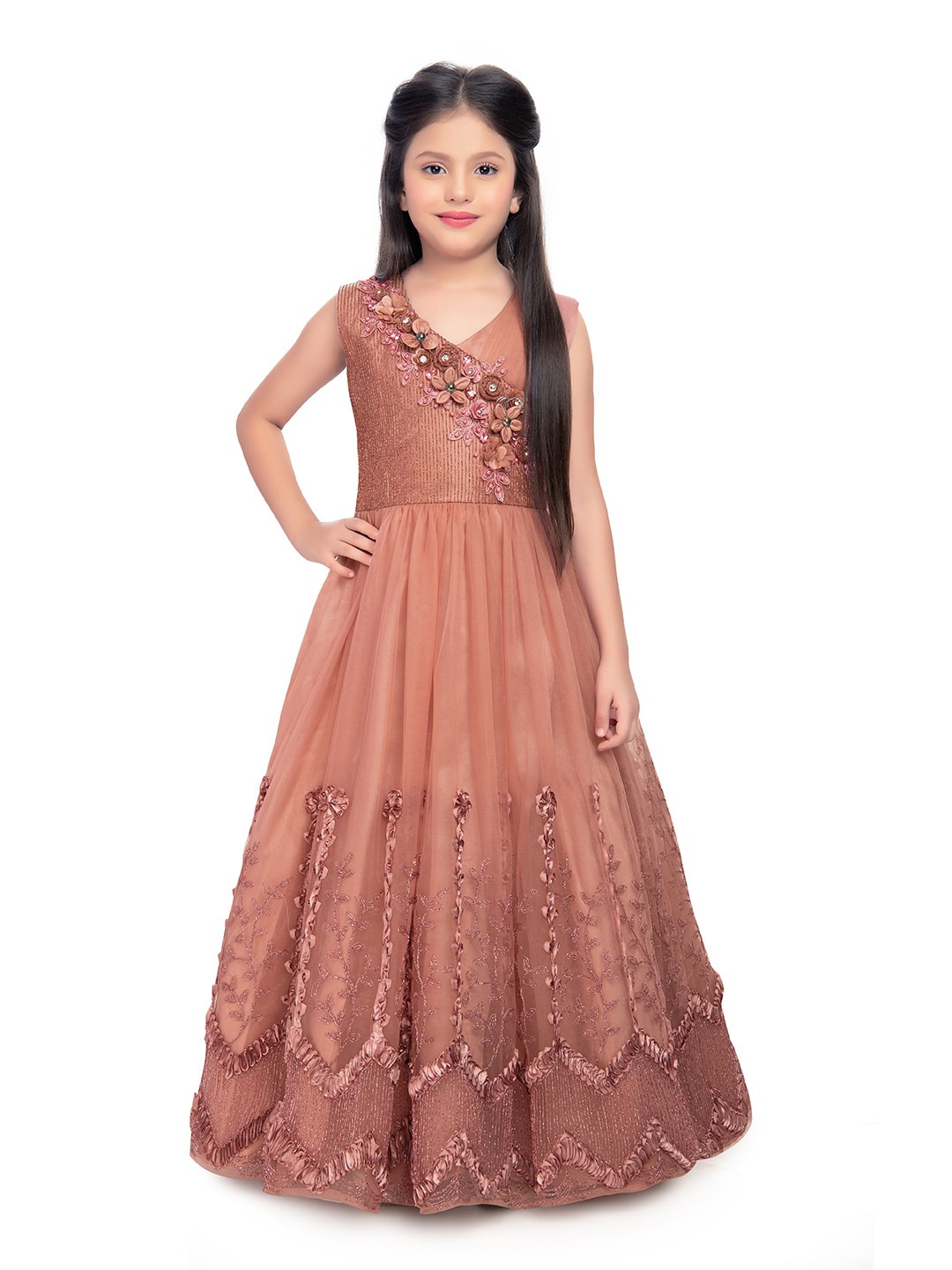 

BETTY Girls Embriodery Net Embellished Ethnic Dress, Orange