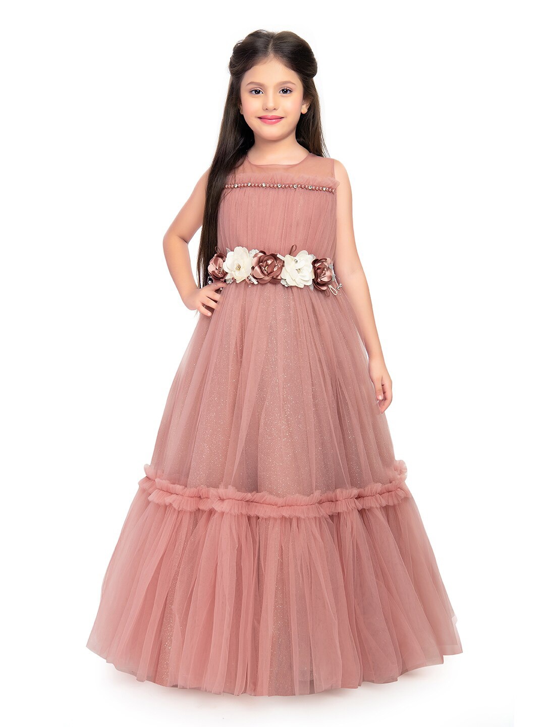 BETTY Girls Corsage Net Ruffle Gown, Coral