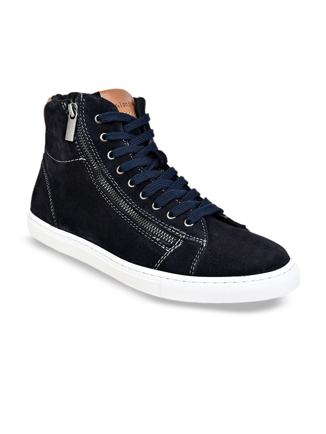 

HX London Men Mid Top Lightweight Memory Foam Leather Contrast Sole Sneakers, Navy blue