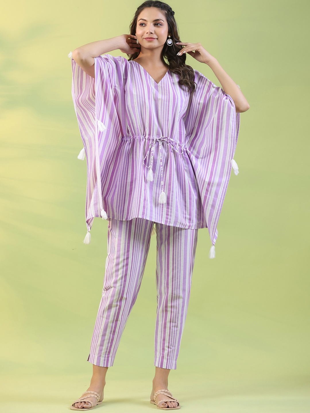 

mirari Striped Cotton Kaftan Top With Pants, Purple