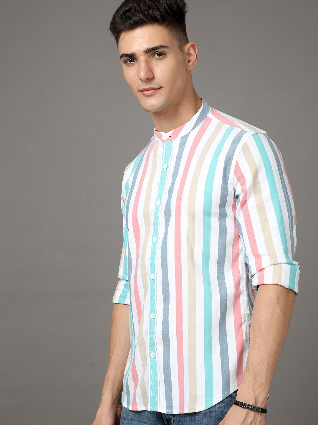 

HERE&NOW White, pink & Blue Striped Slim Fit Cotton Casual Shirt