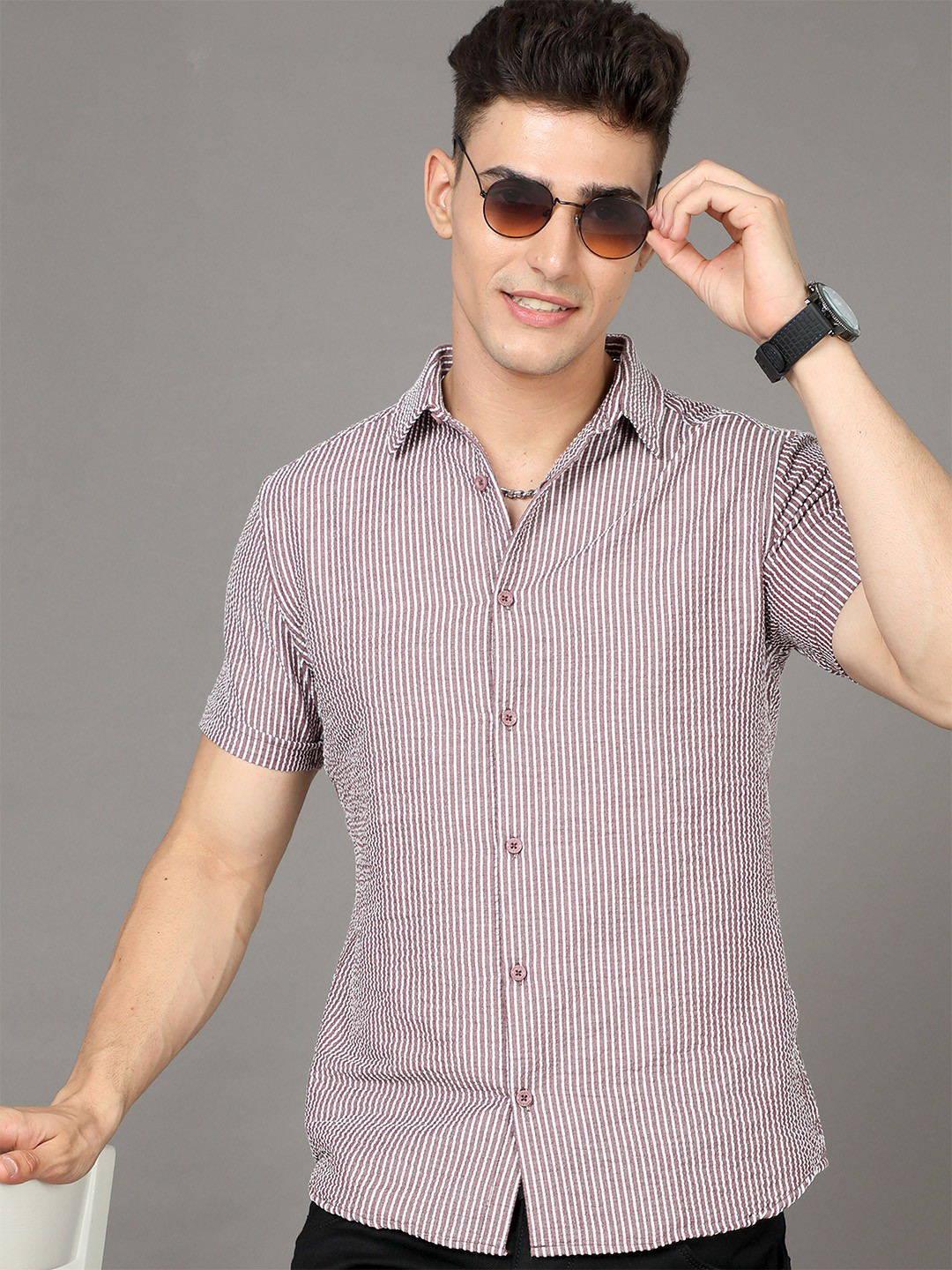

HERE&NOW Mauve Slim Fit Striped Casual Shirt