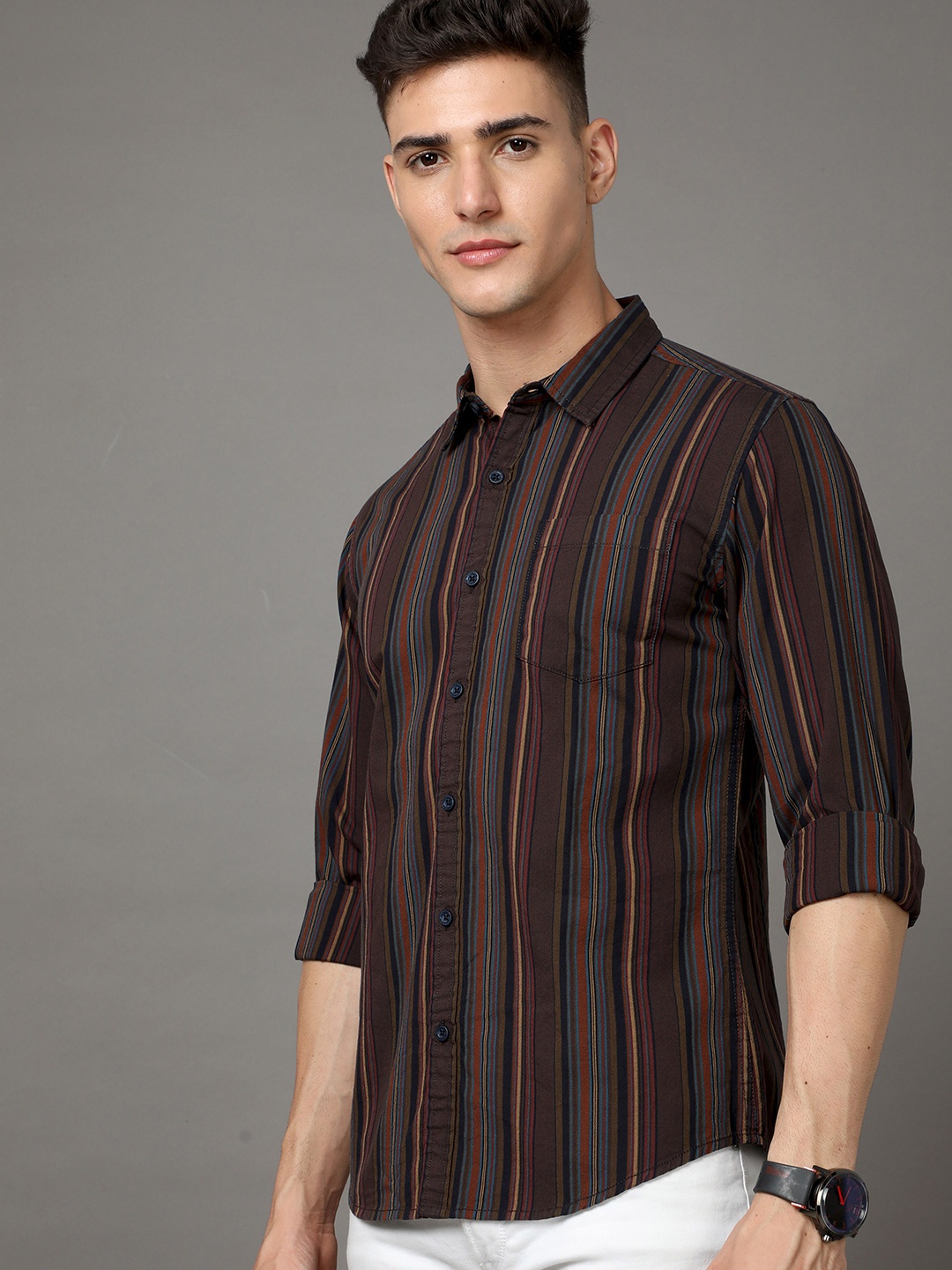 

HERE&NOW Brown Slim Fit Striped Casual Cotton Shirt
