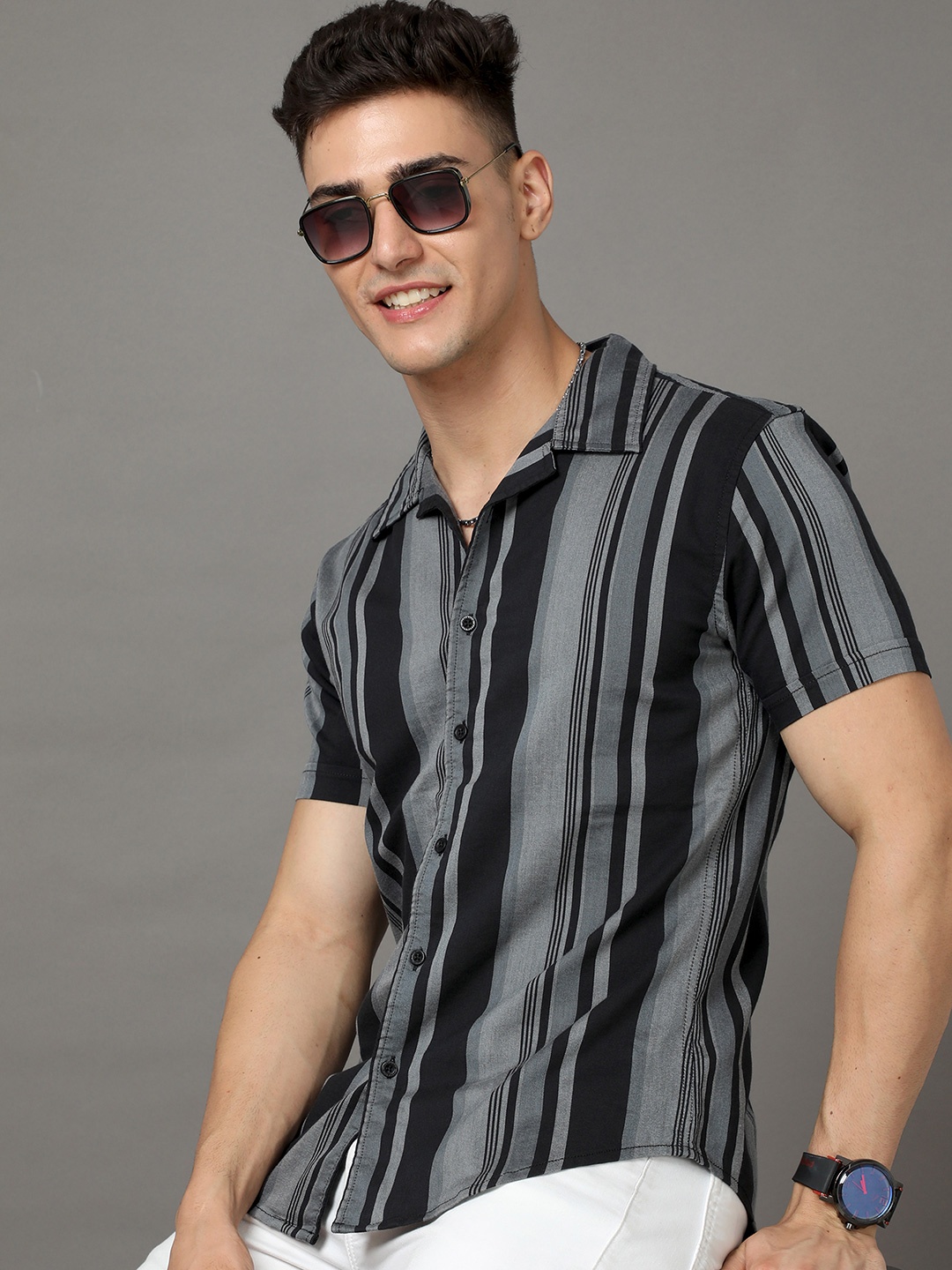 

HERE&NOW Grey Slim Fit Striped Casual Cotton Shirt