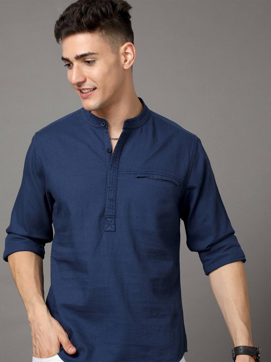 

HERE&NOW Navy Blue Self Design Band Collar Cotton Casual Shirt