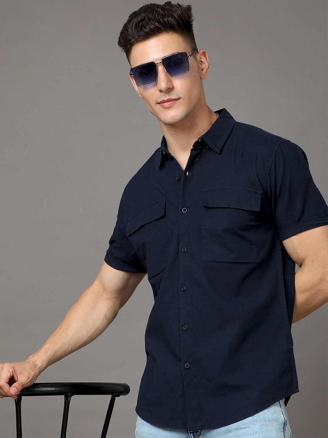 

HERE&NOW Navy Blue Slim Fit Cotton Casual Shirt