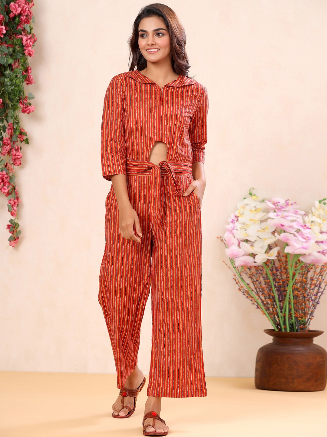 

mirari Striped Regular Pure Cotton Top With Trousers, Red