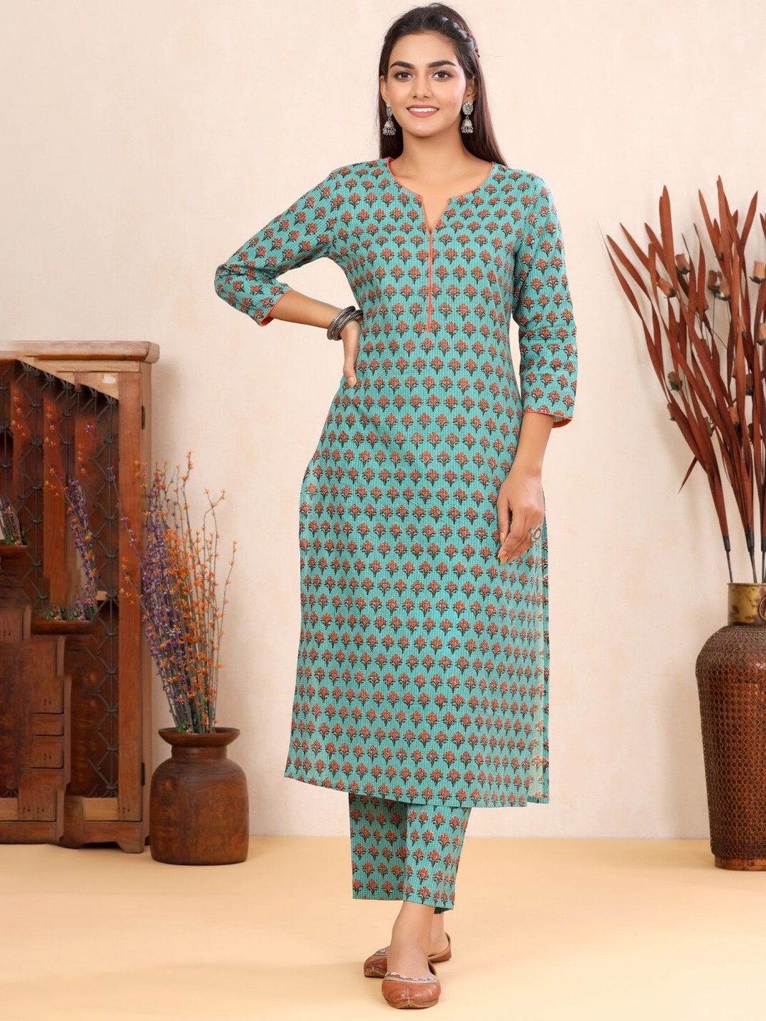 

mirari Ethnic Motifs Printed Pure Cotton Kurta With Palazzos, Turquoise blue