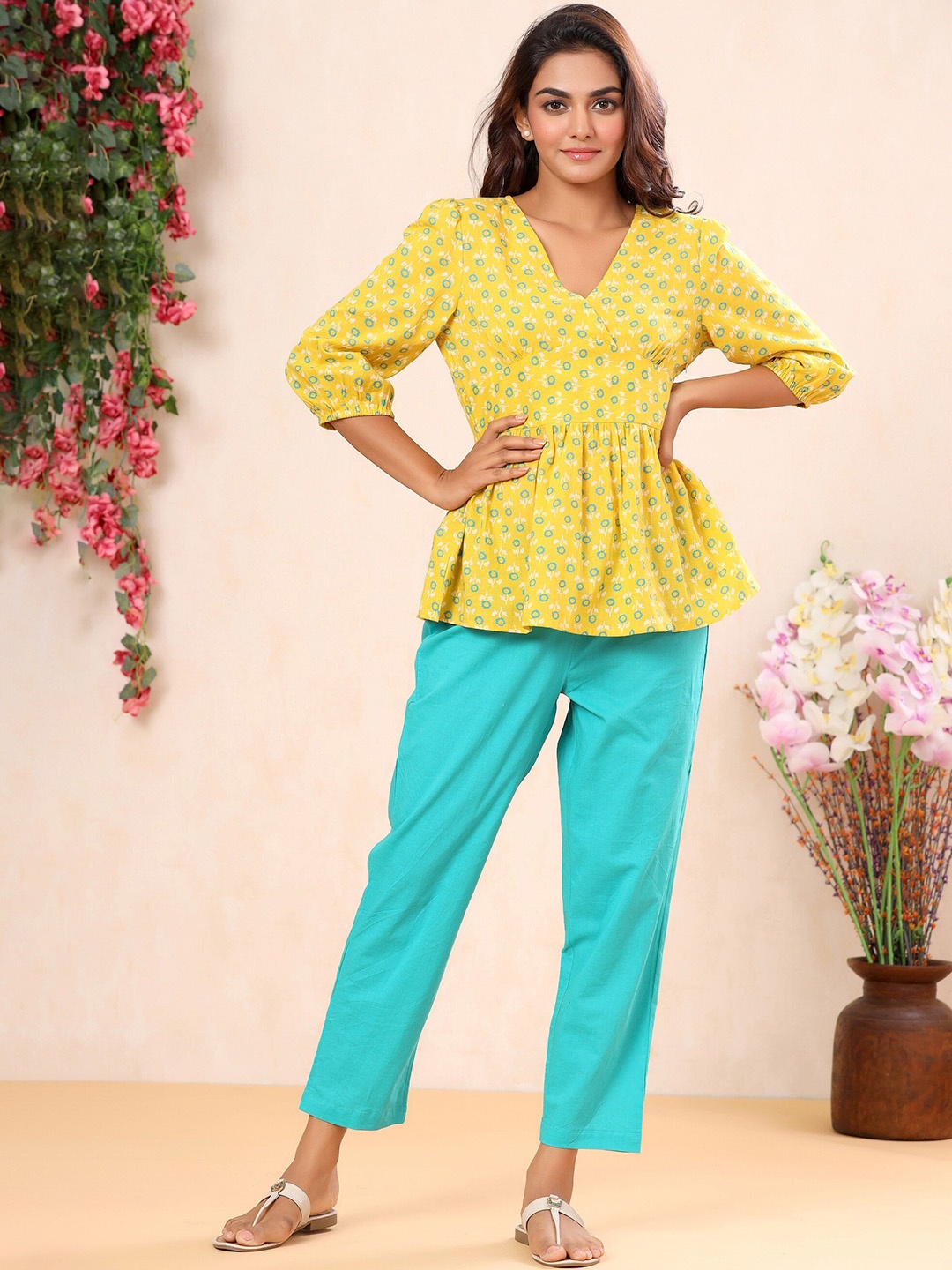 

mirari Floral Printed Pure Cotton Top With Trousers, Yellow