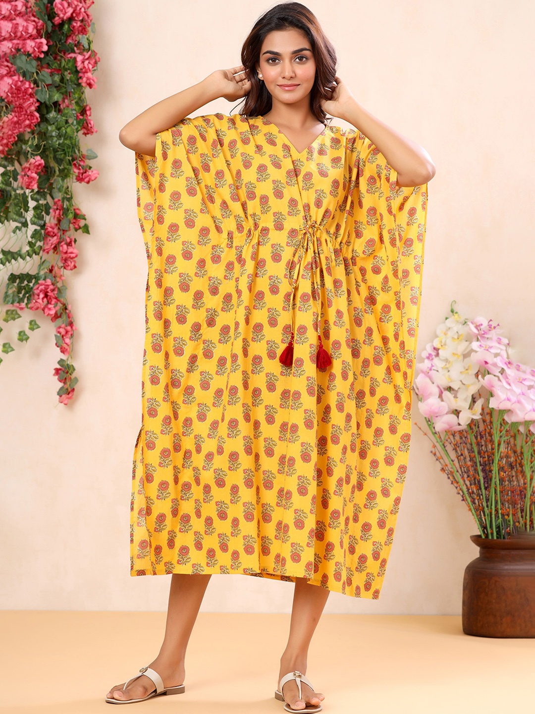 

mirari Floral Printed V-Neck Kimono Sleeves Midi Kaftan Dress, Yellow