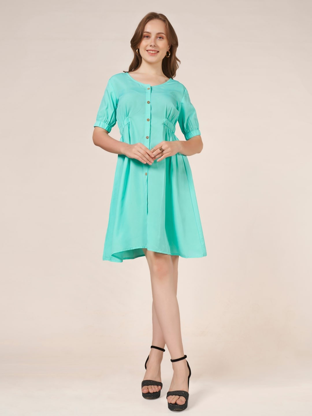 

DressBerry Blue Smocked Cuffed Sleeves Crepe A-Line Dress, Turquoise blue