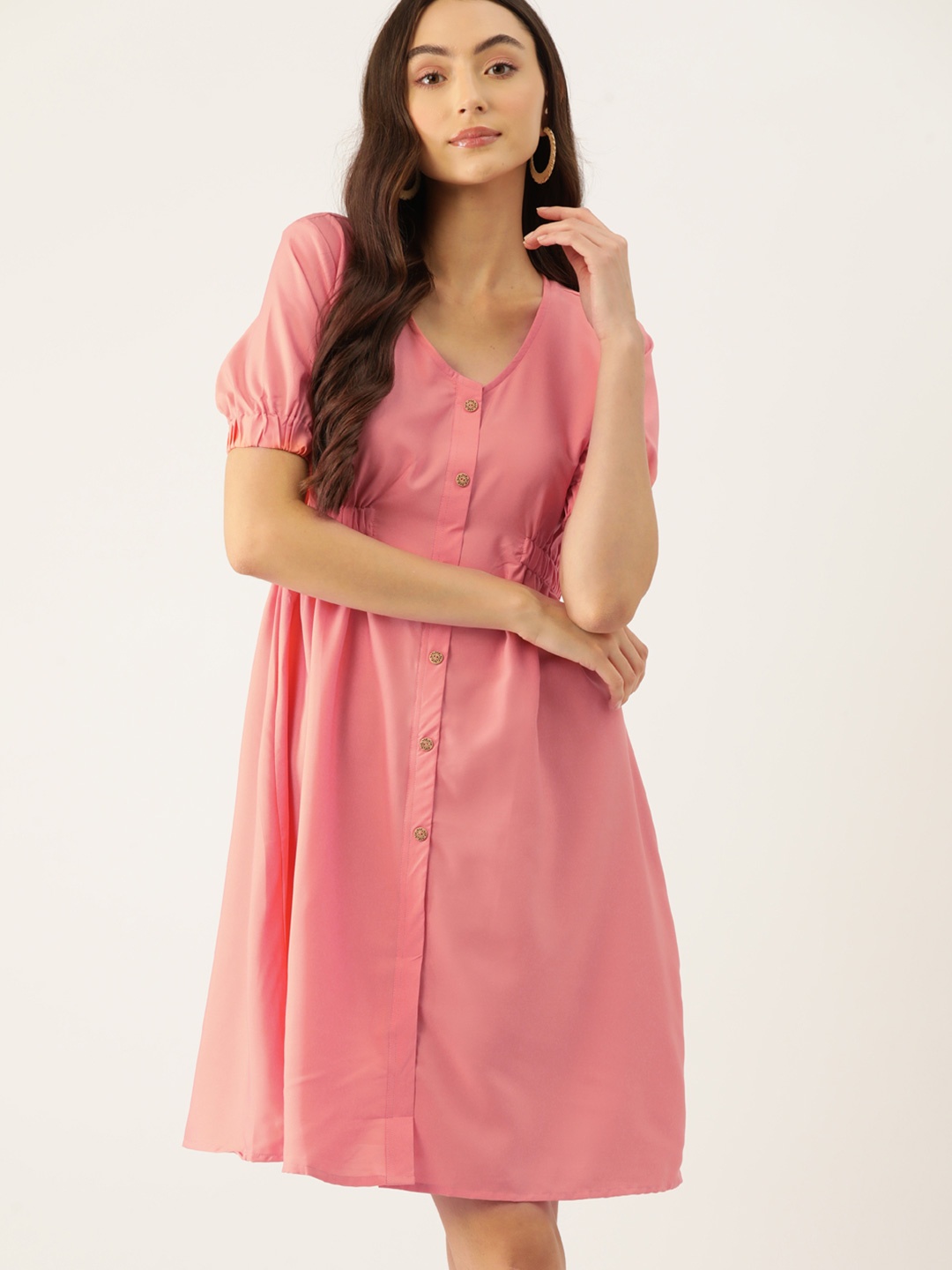 

DressBerry Yellow Smocked Cuffed Sleeves Crepe A-Line Dress