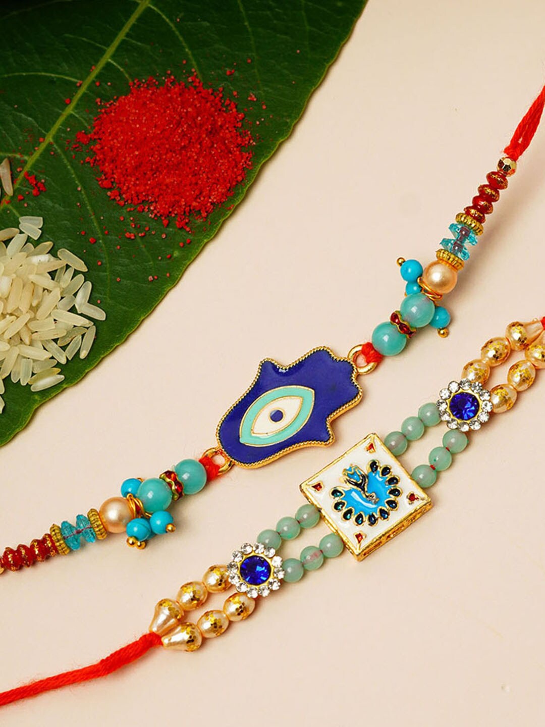 

Ferosh Set Of 2 Hamsa Hand & Meenakari Rakhi, Blue