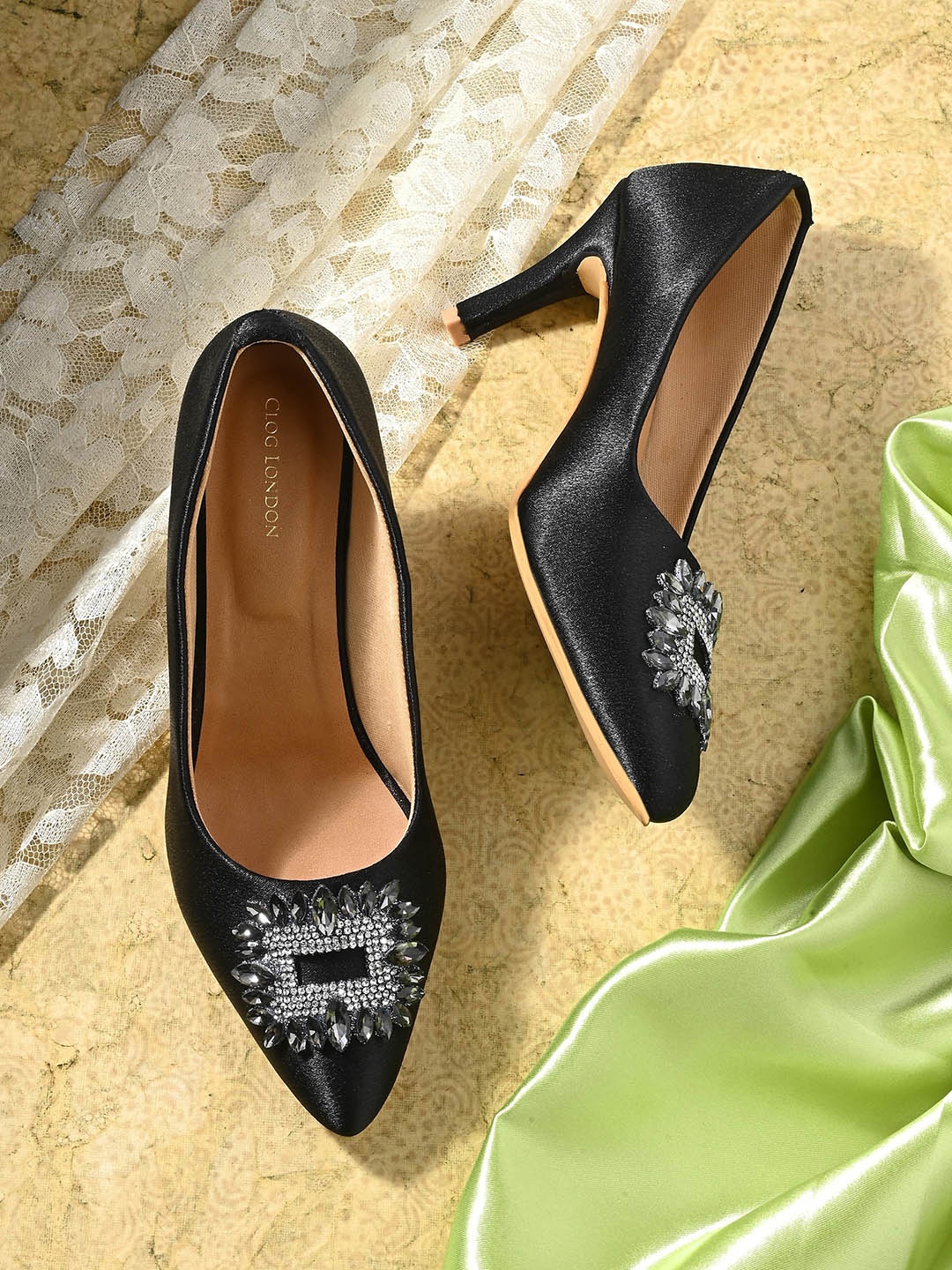 

CLOG LONDON Pointed Toe Embellished Slim Pumps, Black