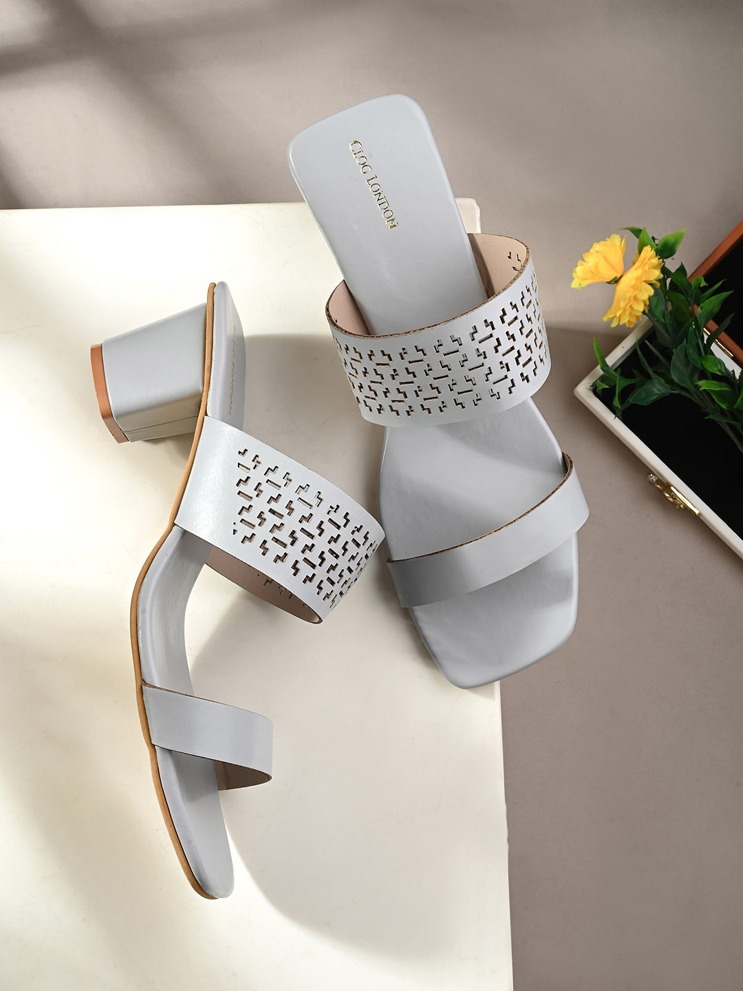 

CLOG LONDON Textured Open Toe Block Heels With Laser Cuts, Grey