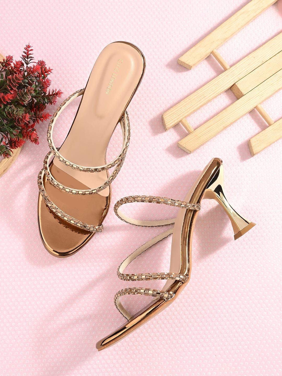 

CLOG LONDON Embellished Open Toe Slim Heels, Copper