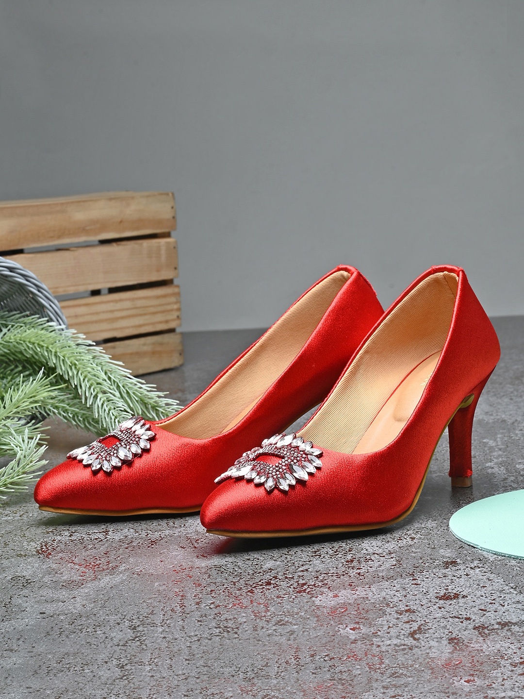 

CLOG LONDON Pointed Toe Embellished Slim Pumps, Red