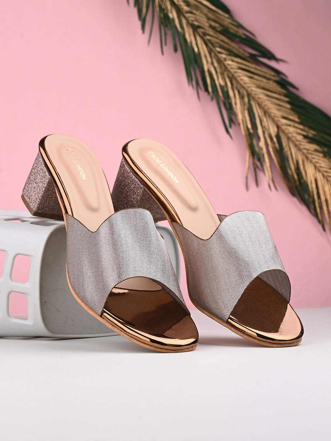 

CLOG LONDON Textured Open Toe Block Heels, Copper