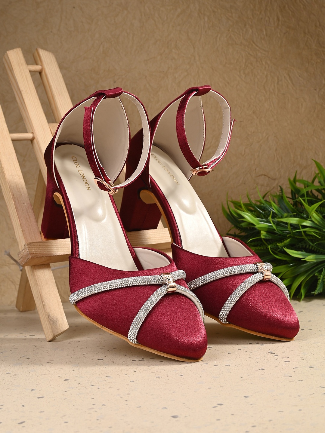 

CLOG LONDON Pointed Toe Embellished Block Heels With Ankle Loop, Maroon