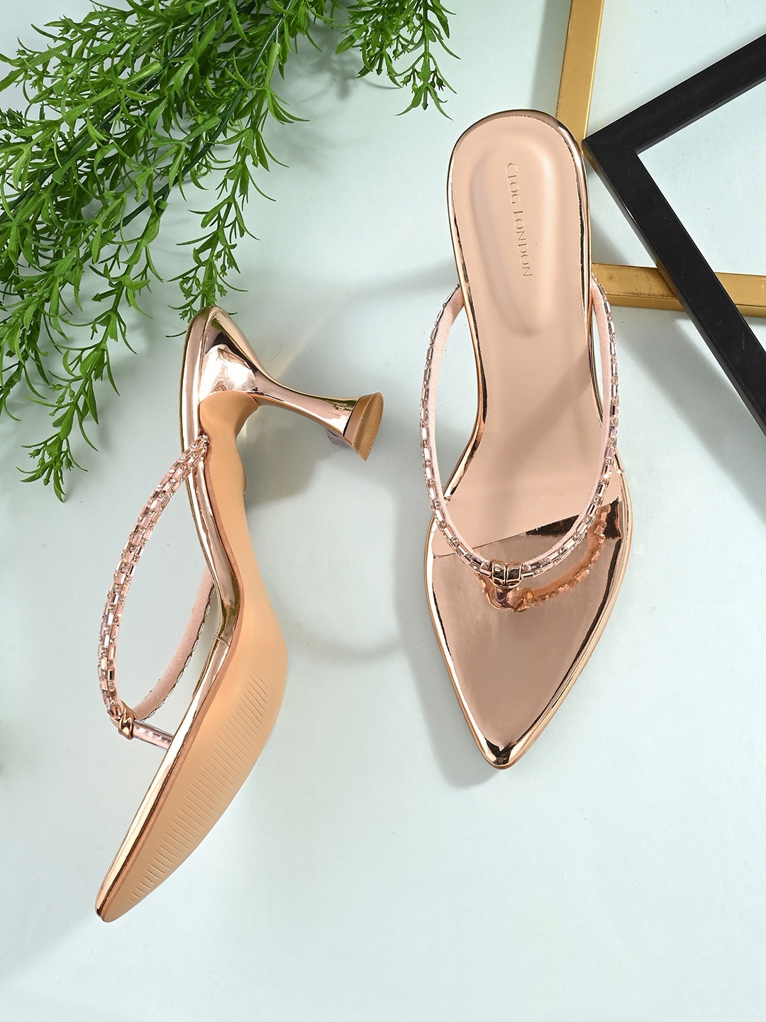 

CLOG LONDON Embellished Open Toe Slim Heels, Copper