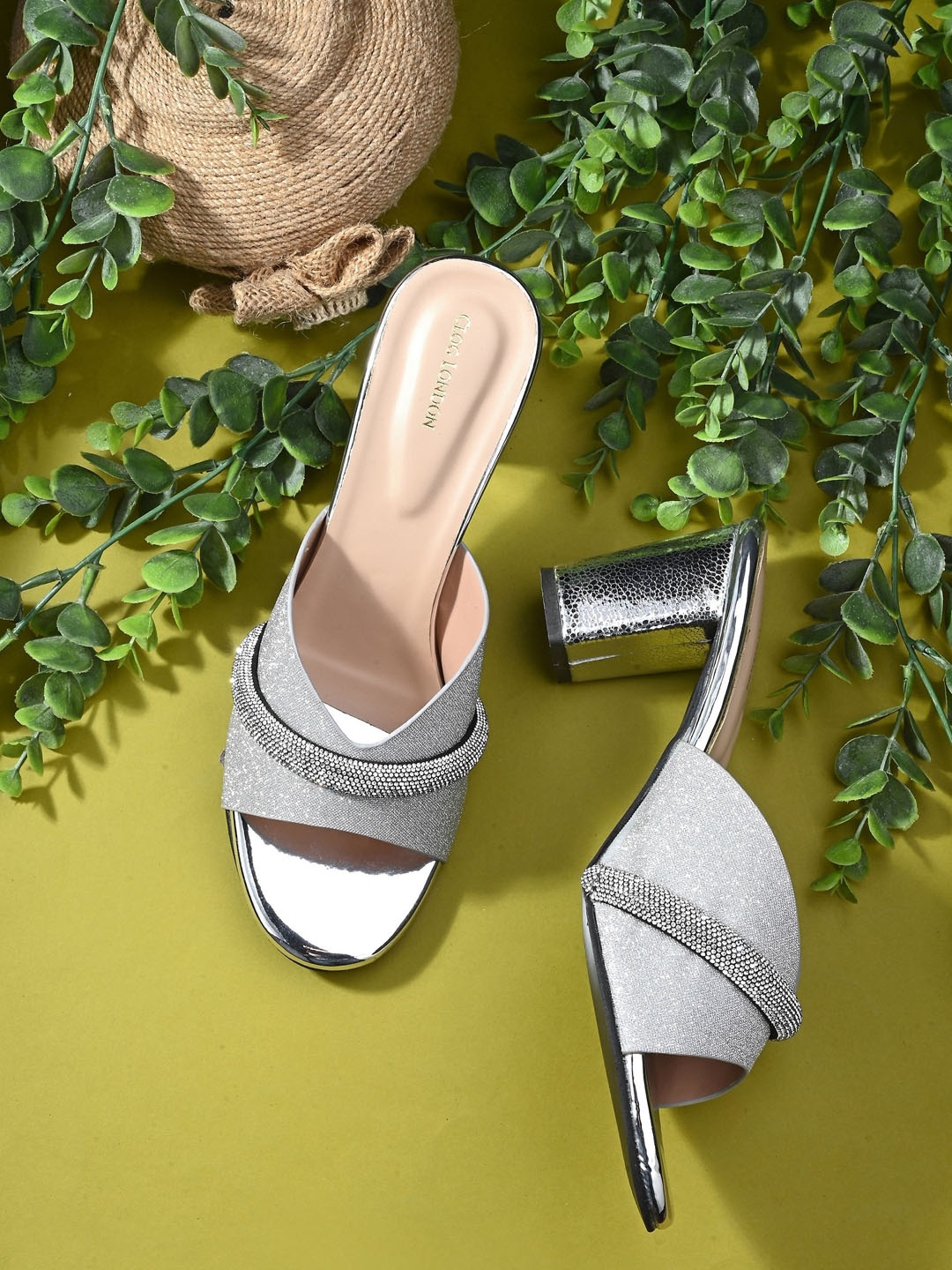 

CLOG LONDON Embellished Open Toe Block Heels, Silver