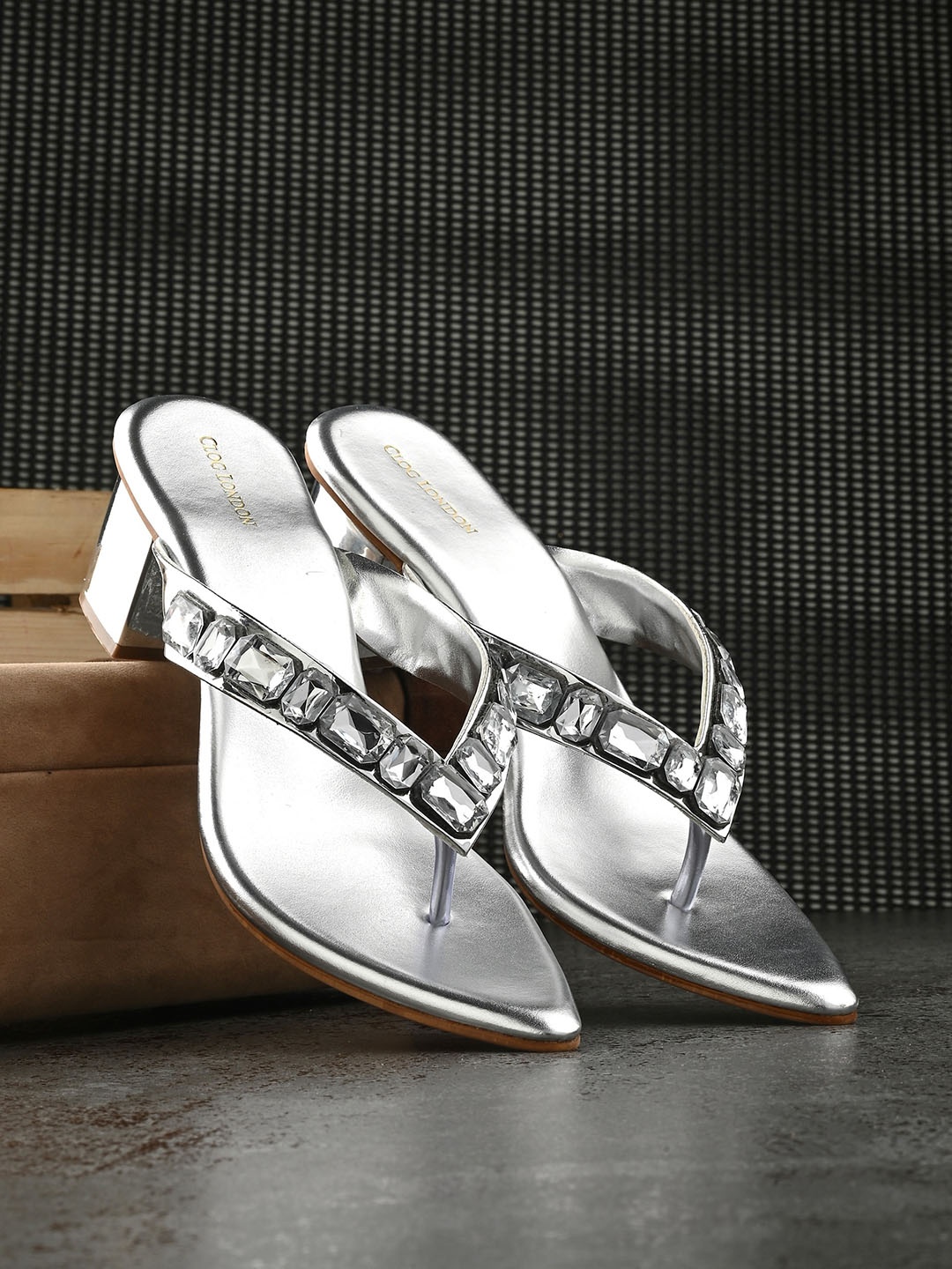 

CLOG LONDON Embellished Open Toe Block Heels, Silver