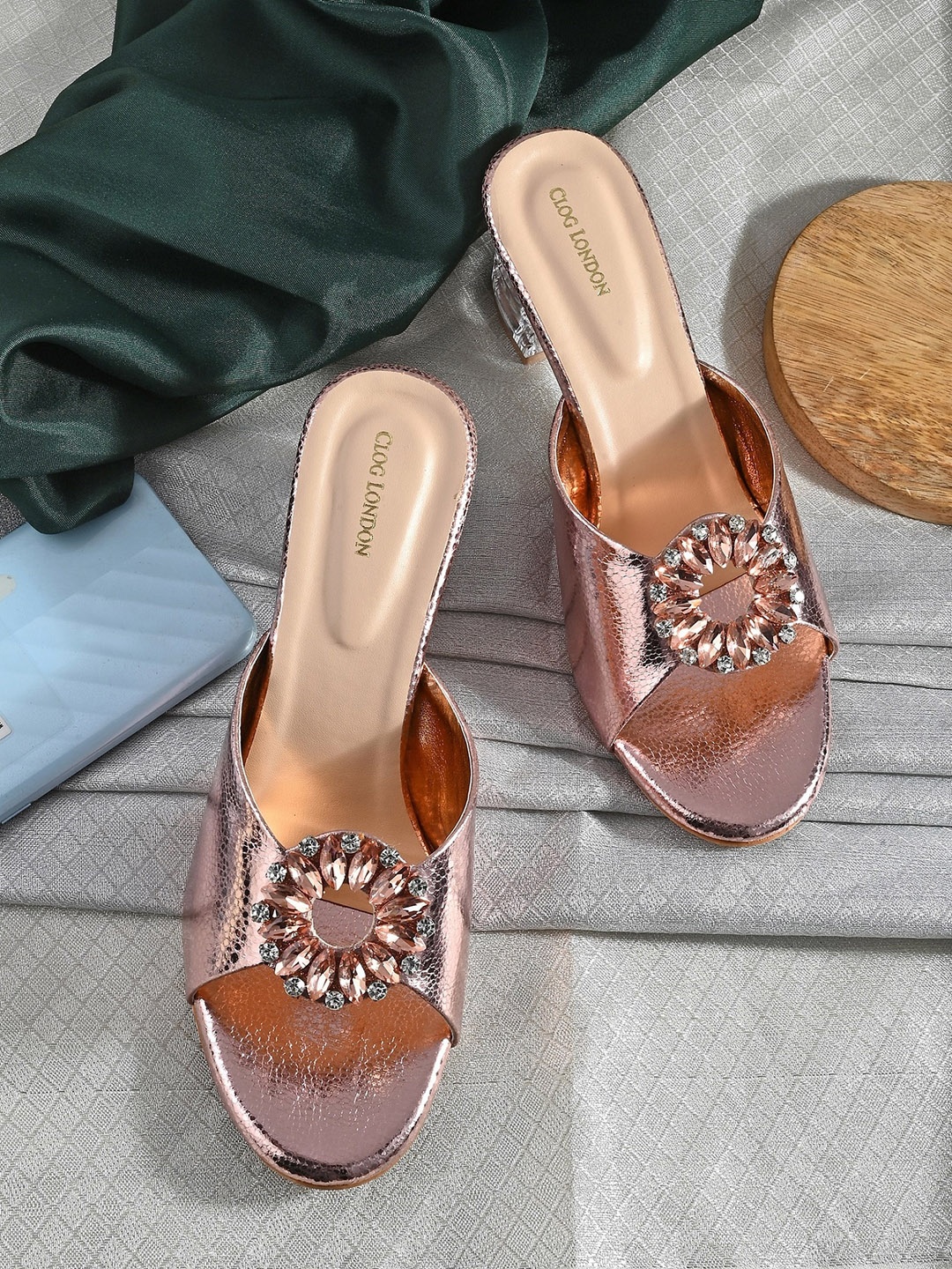 

CLOG LONDON Embellished Open Toe Block Heels, Rose gold
