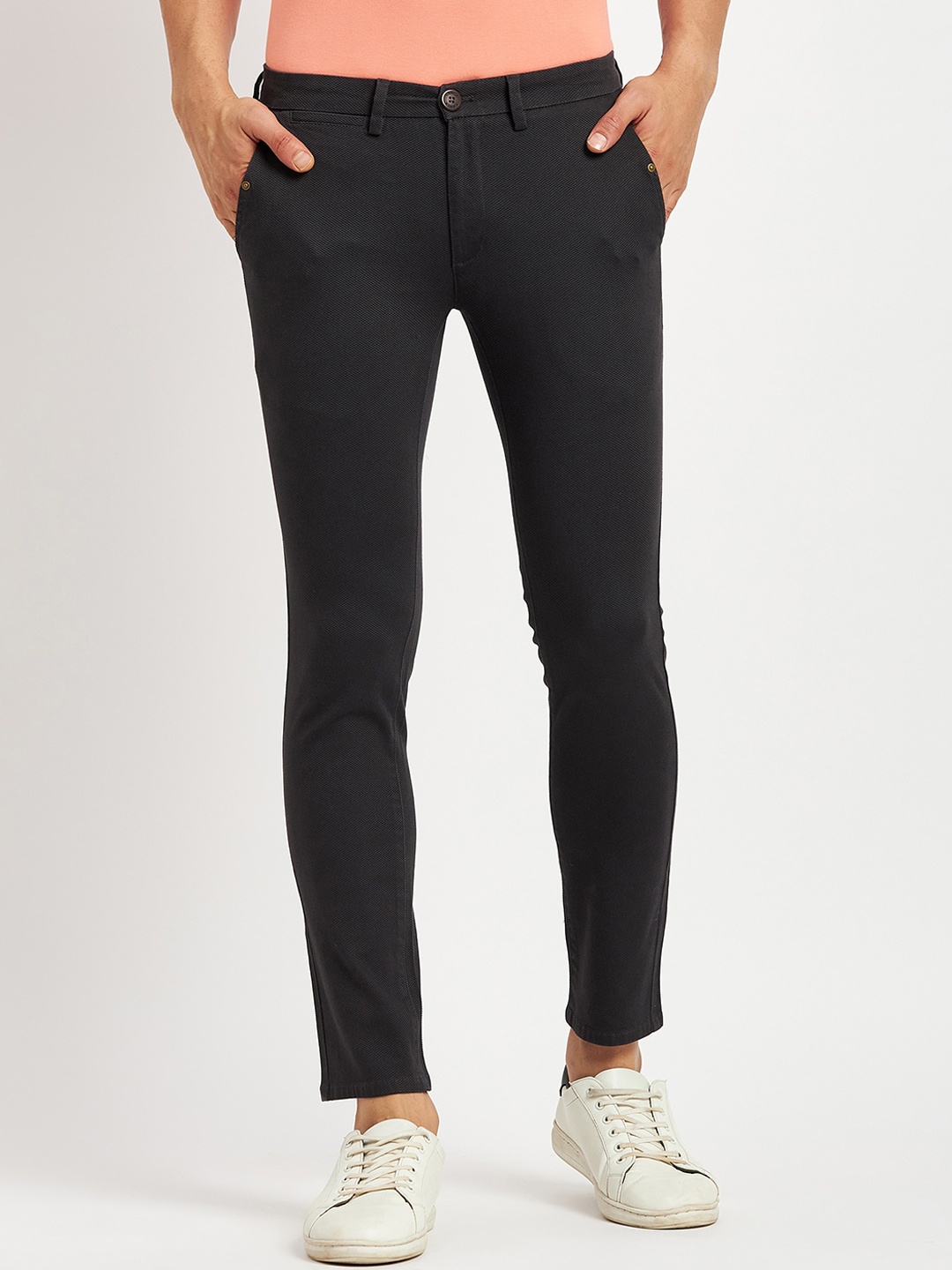 

CAMLA Men Textured Self Design Mid-Rise Cotton Chinos, Charcoal