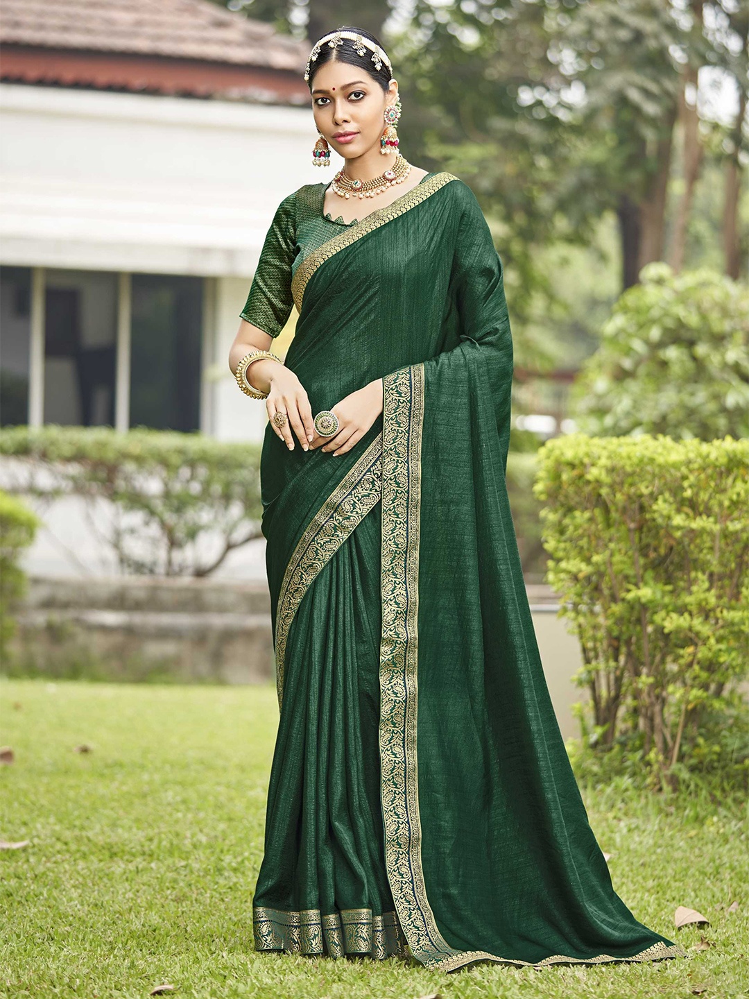 

KALINI Woven Design Border Art Silk Saree, Green