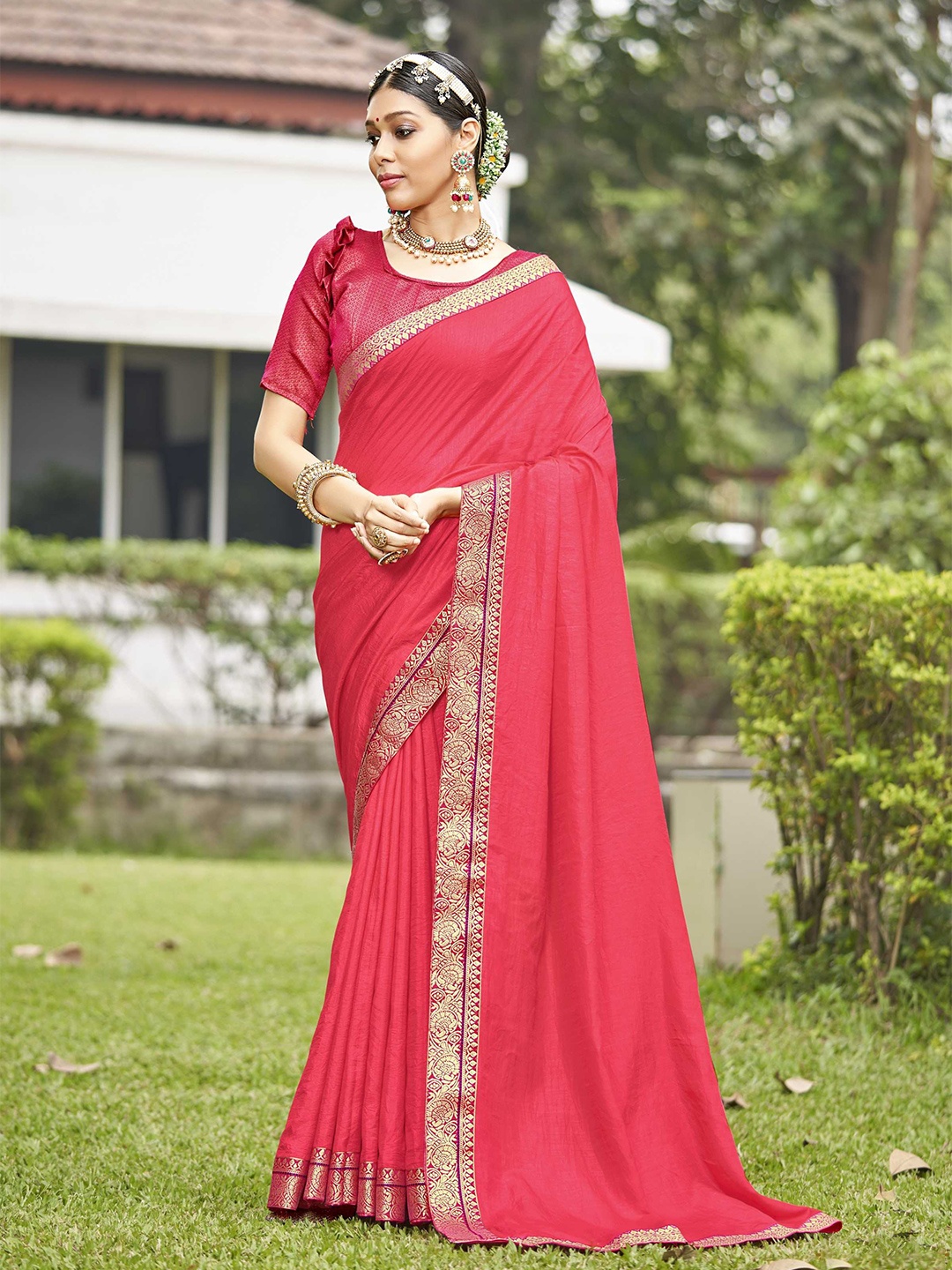 

KALINI Woven Design Border Art Silk Saree, Pink