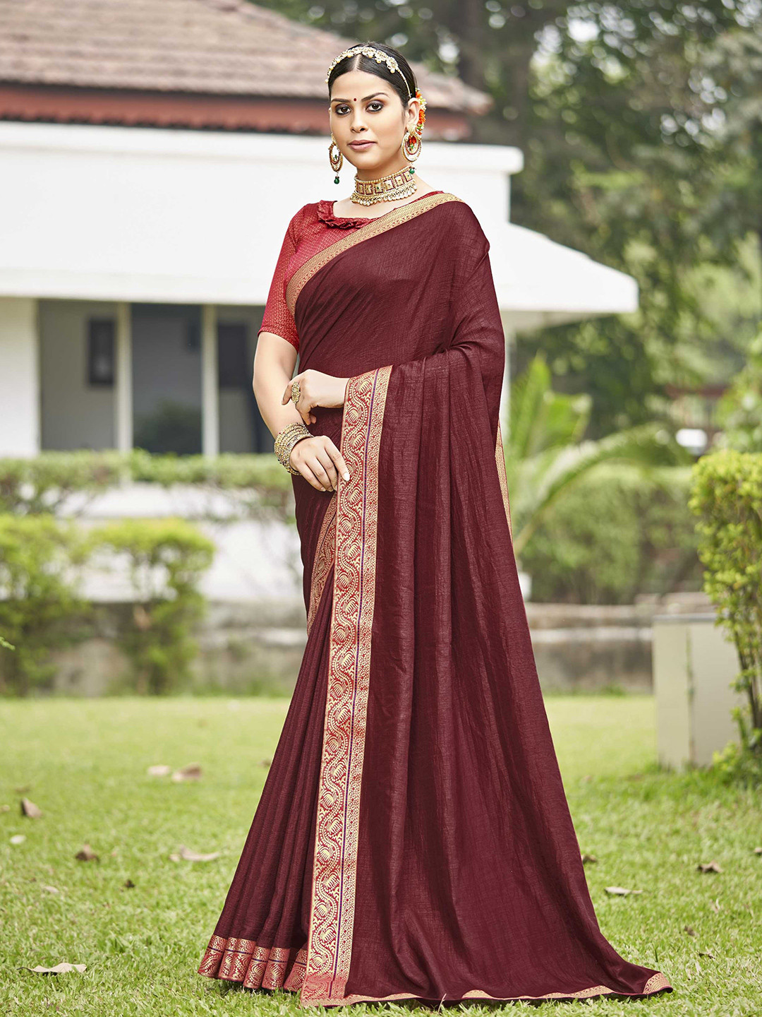 

KALINI Woven Design Border Art Silk Saree, Brown