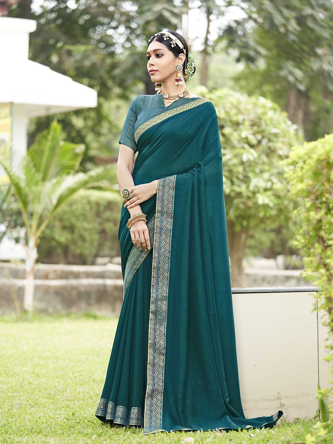 

KALINI Woven Design Border Art Silk Saree, Teal