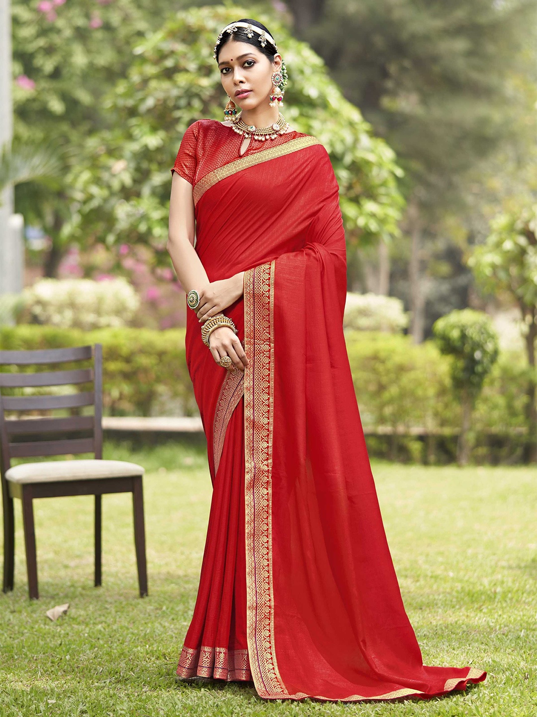 

KALINI Woven Design Border Art Silk Saree, Red