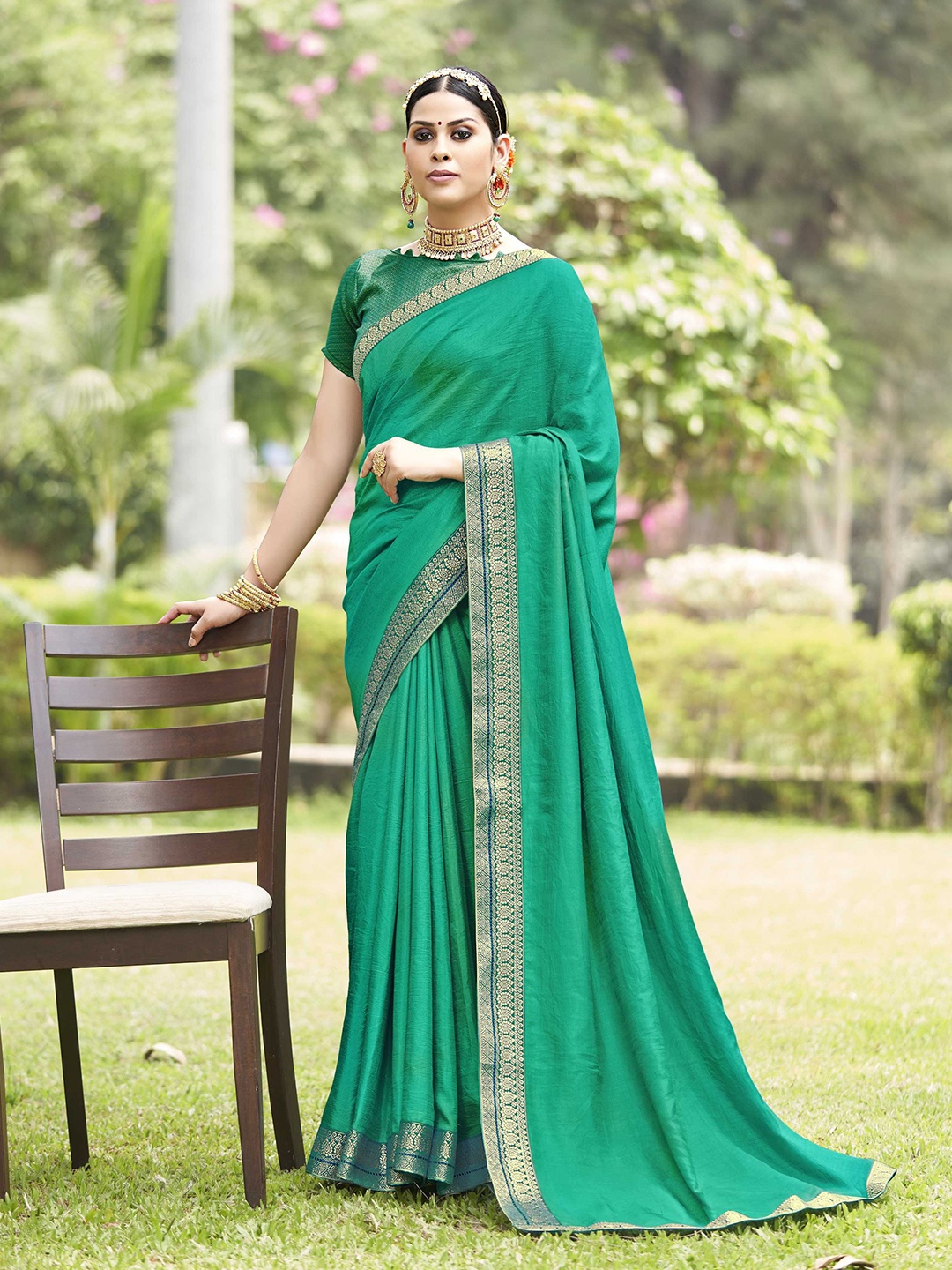

KALINI Woven Design Border Art Silk Saree, Green