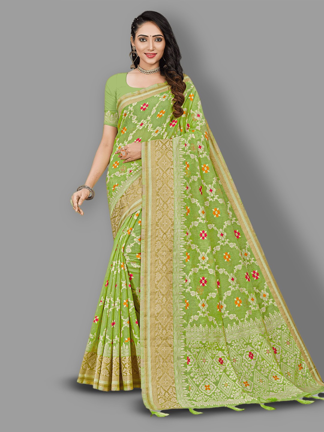 

HASRI Ethnic Motifs Woven Design Zari Pure Silk Banarasi Saree, Green