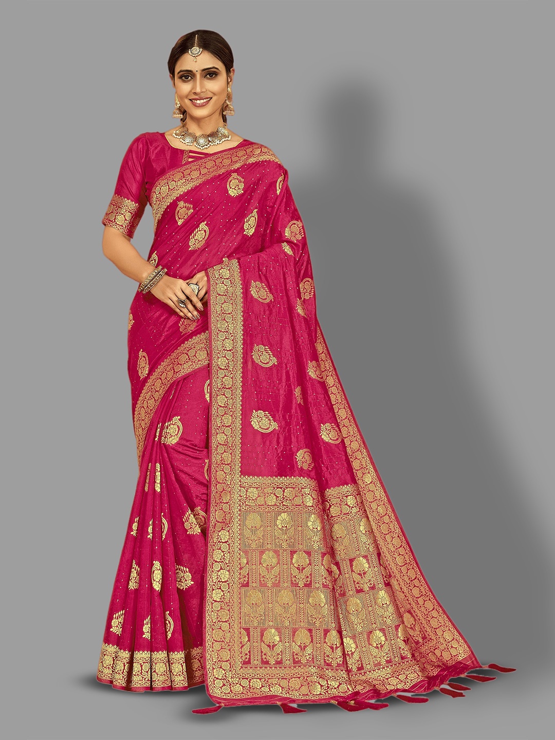 

HASRI Ethnic Motifs Woven Design Zari Pure Silk Banarasi Saree, Rose