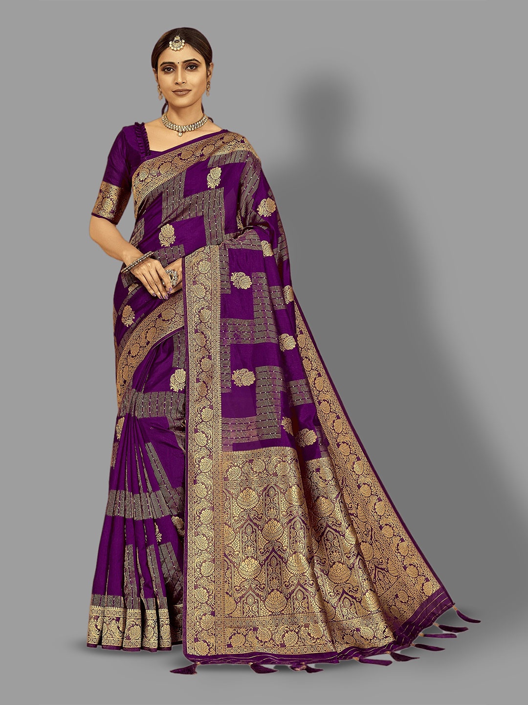 

HASRI Ethnic Motif Woven Design Zari Pure Silk Banarasi Saree, Purple