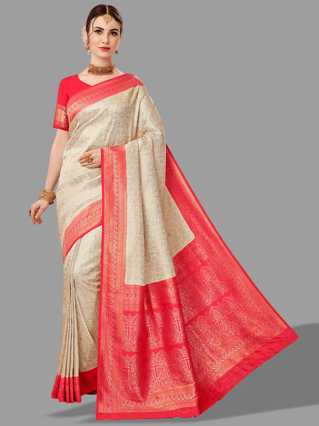 

HASRI Ethnic Motifs Woven Design Zari Pure Silk Kanjeevaram Saree, Cream