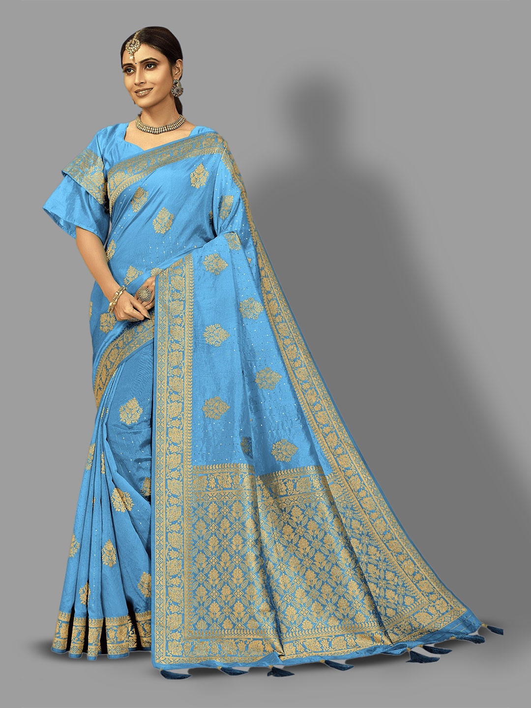 

HASRI Ethnic Motifs Woven Design Zari Pure Silk Banarasi Saree, Blue