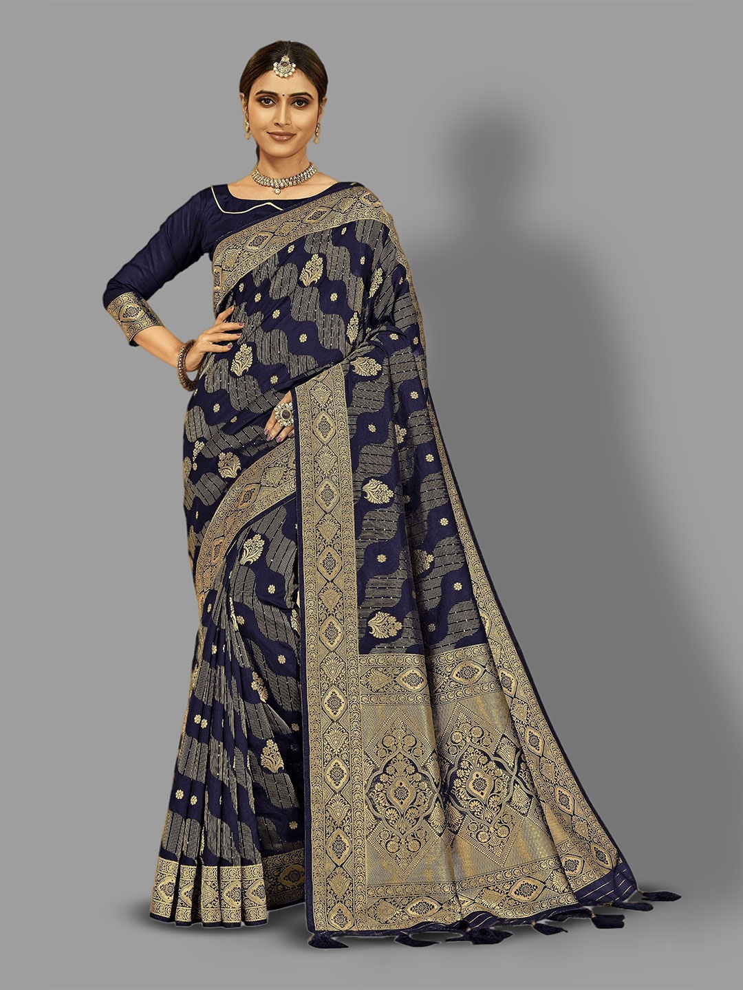 

HASRI Ethnic Motif Woven Design Zari Pure Silk Banarasi Saree, Navy blue