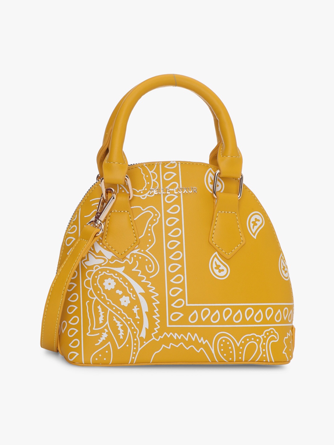 

PELLE LUXUR Ethnic Motifs Printed Structured Handheld Bag, Mustard