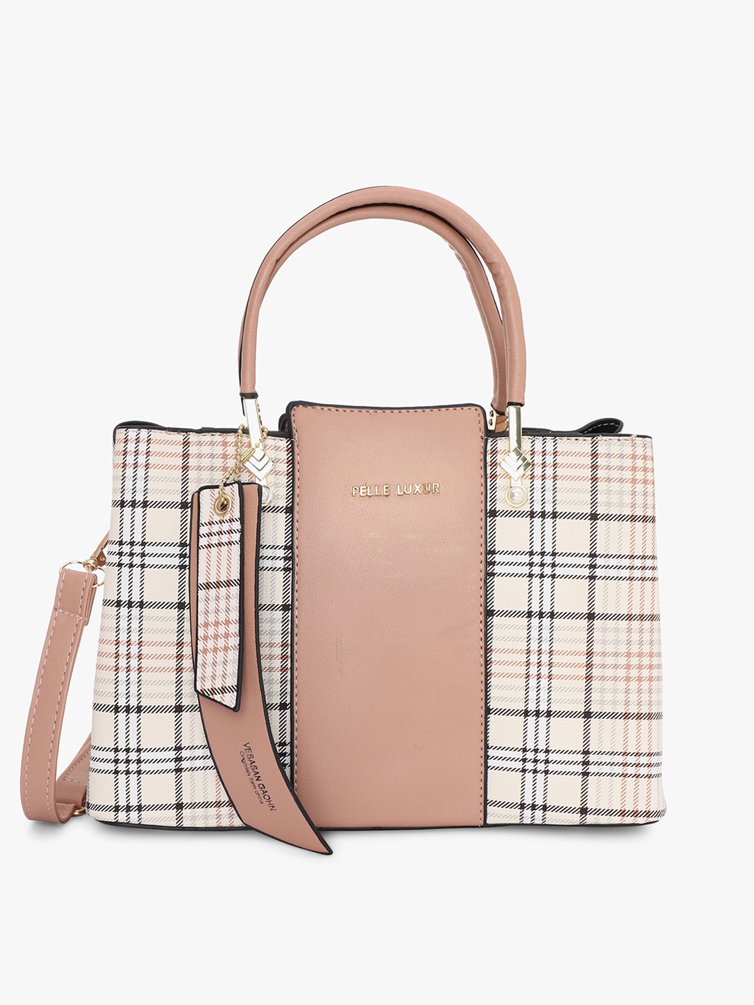 

PELLE LUXUR Checked Structured Handheld Bag, Peach