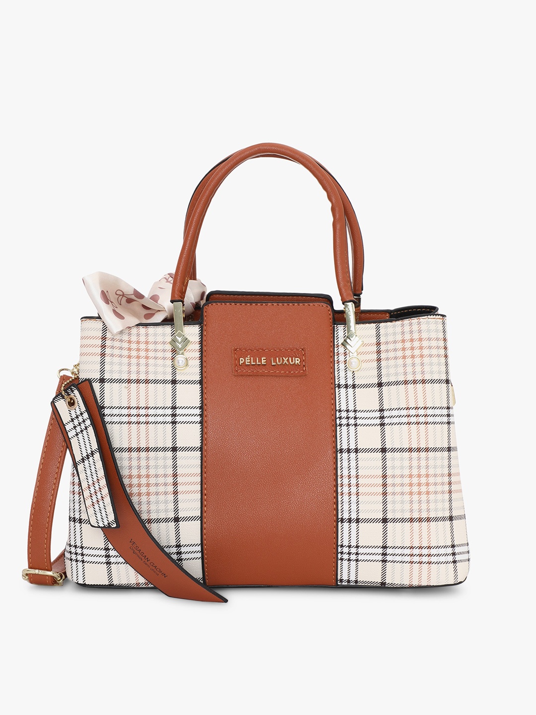 

PELLE LUXUR Checked Structured Handheld Bag, Brown